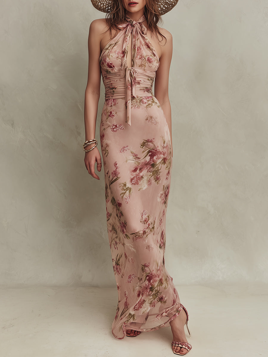 Lia - Elegant Floral Print Chiffon Maxi Dress with Keyhole Neckline