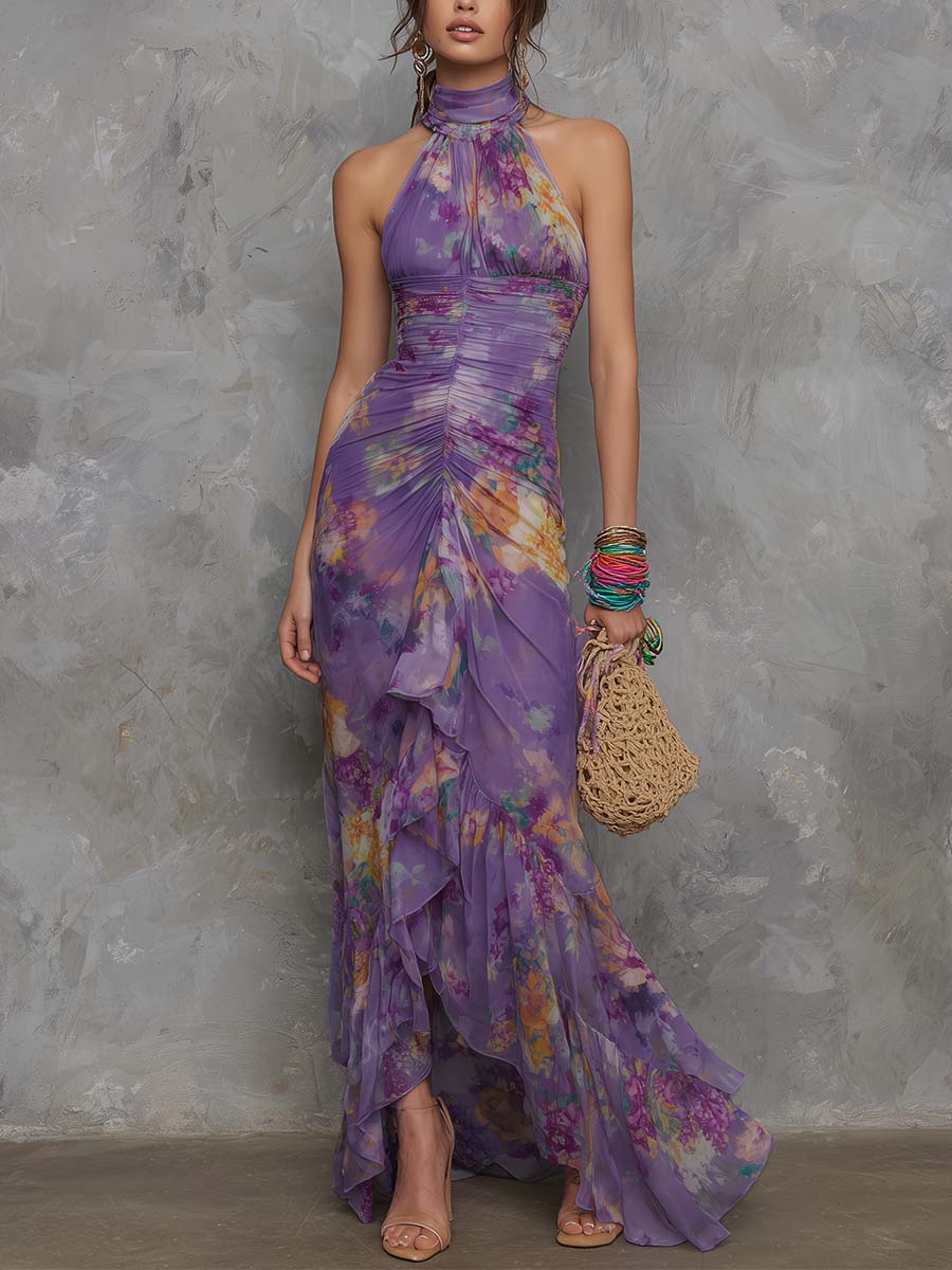 Anna - Elegant Purple Floral Chiffon Halter Maxi Dress