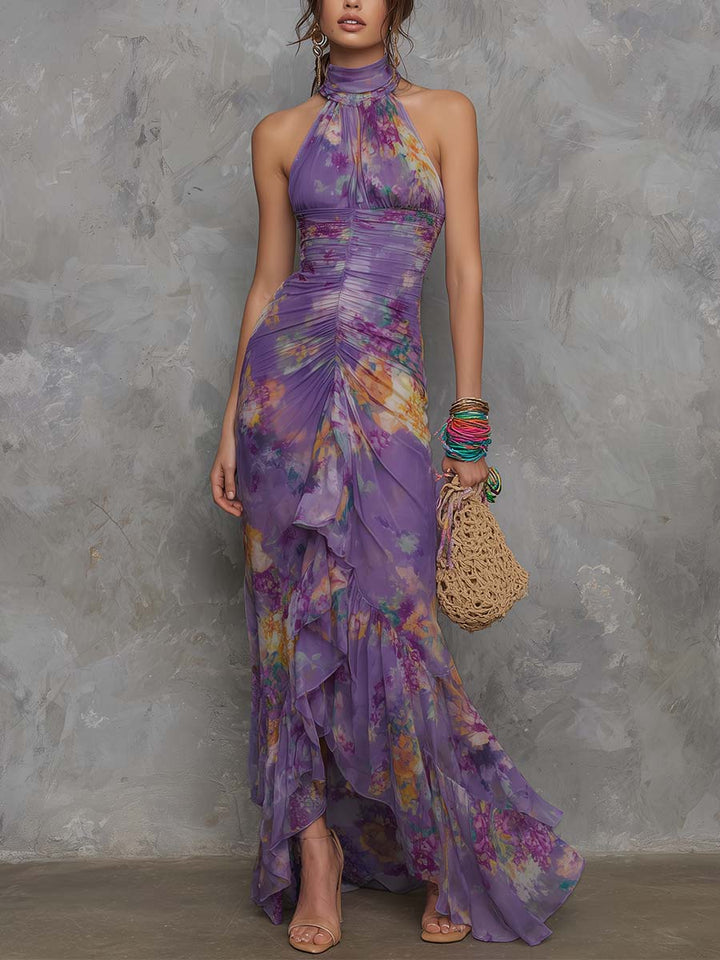 Anna - Elegant Purple Floral Chiffon Halter Maxi Dress