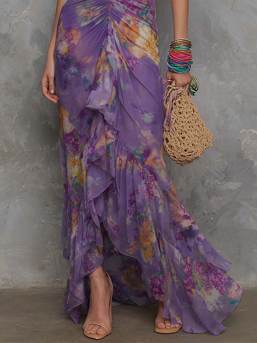 Anna - Elegant Purple Floral Chiffon Halter Maxi Dress