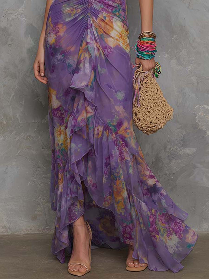 Anna - Elegant Purple Floral Chiffon Halter Maxi Dress