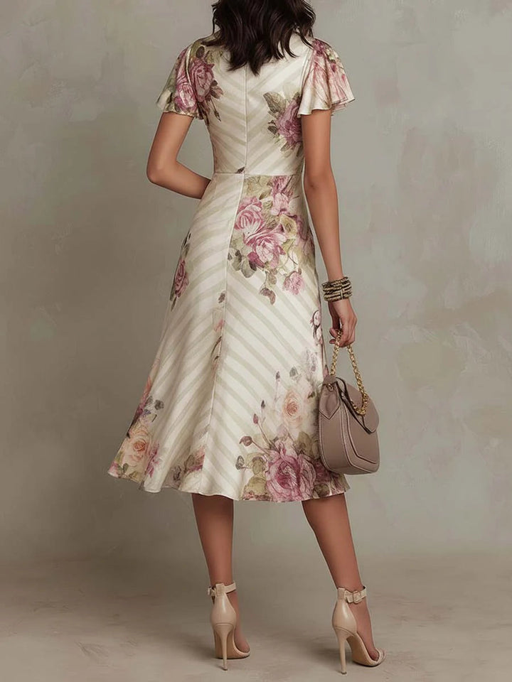 Albas - Elegant Retro Floral Satin Midi Dress