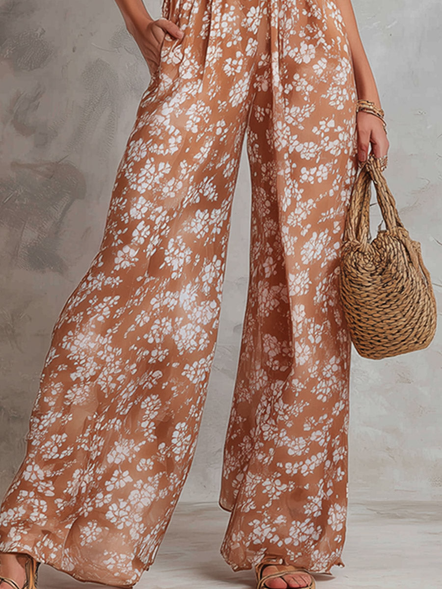Liz - Elegant Floral Print Sleeveless Wide-Leg Jumpsuit