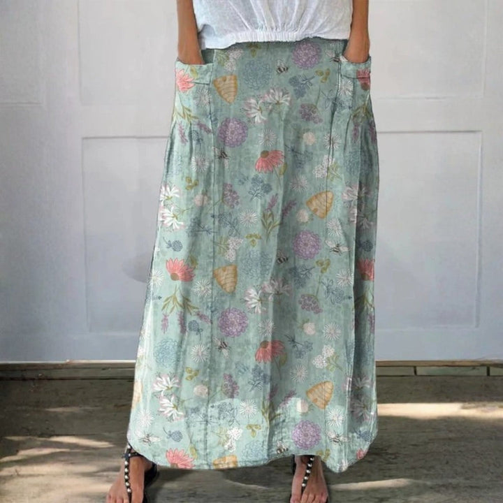Blooming Spring Floral And Bumble Bee Pattern Printed Women's Linen Pocket Skirt