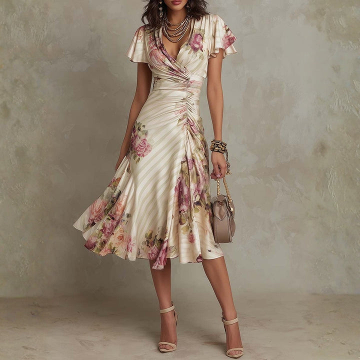 Albas - Elegant Retro Floral Satin Midi Dress