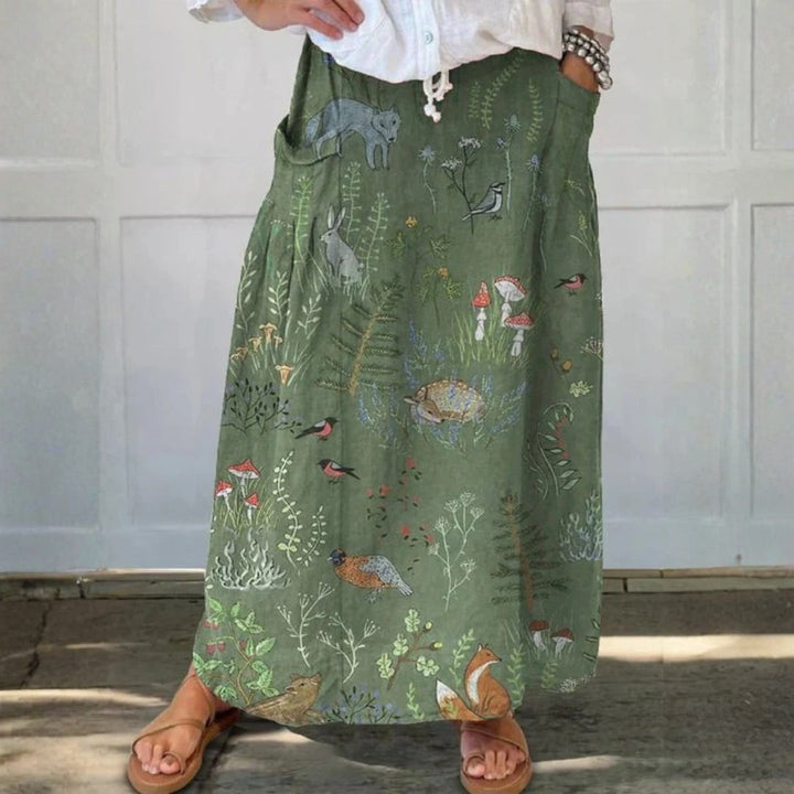 Woodland And Animals Pattern Printed Women's Linen Pocket Skirt