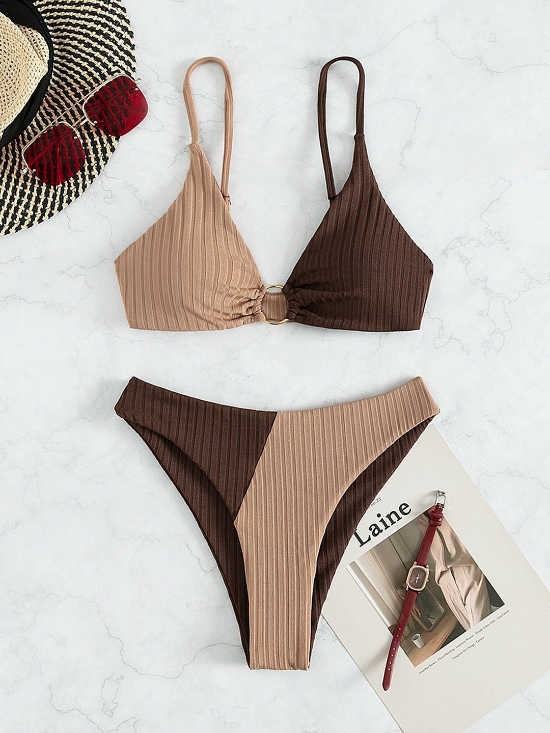 Natalie - Ribbed Two Tone High Leg Bikini