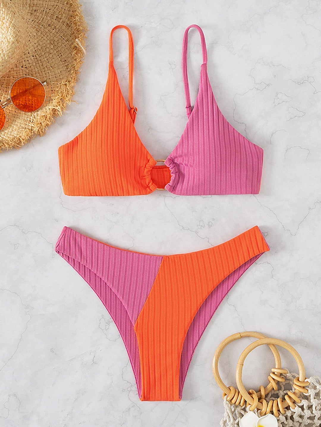 Natalie - Ribbed Two Tone High Leg Bikini