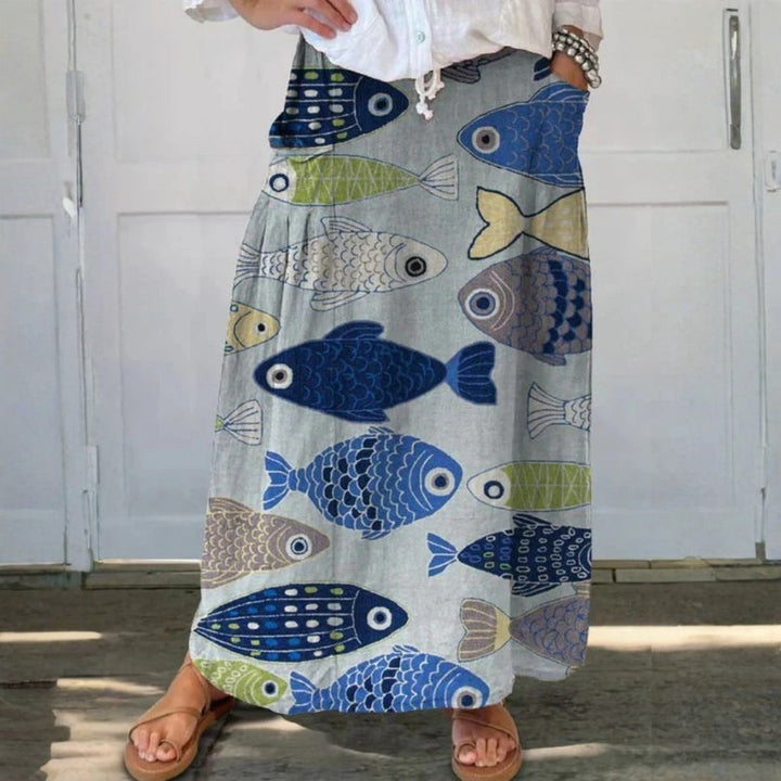 Women's Vintage Lovely Fish Art Print Linen Pocket Skirt