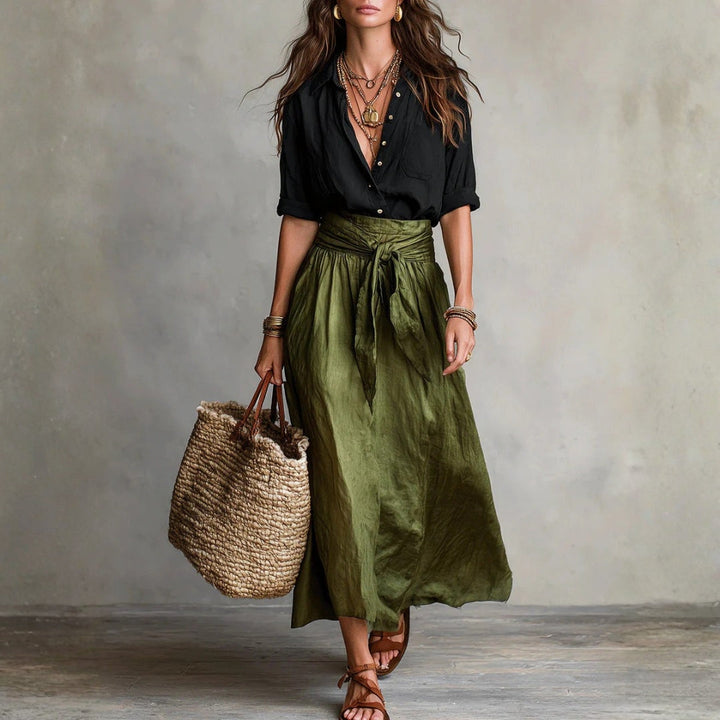 Vera - Two-Piece Set: Black T-Shirt and Olive Green Midi Skirt