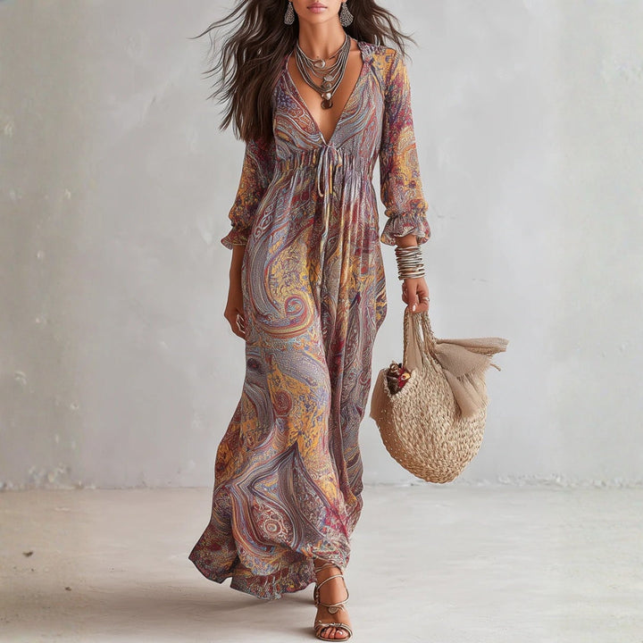 Ash - Paisley Print V-neck Gathered Chiffon Maxi Dress