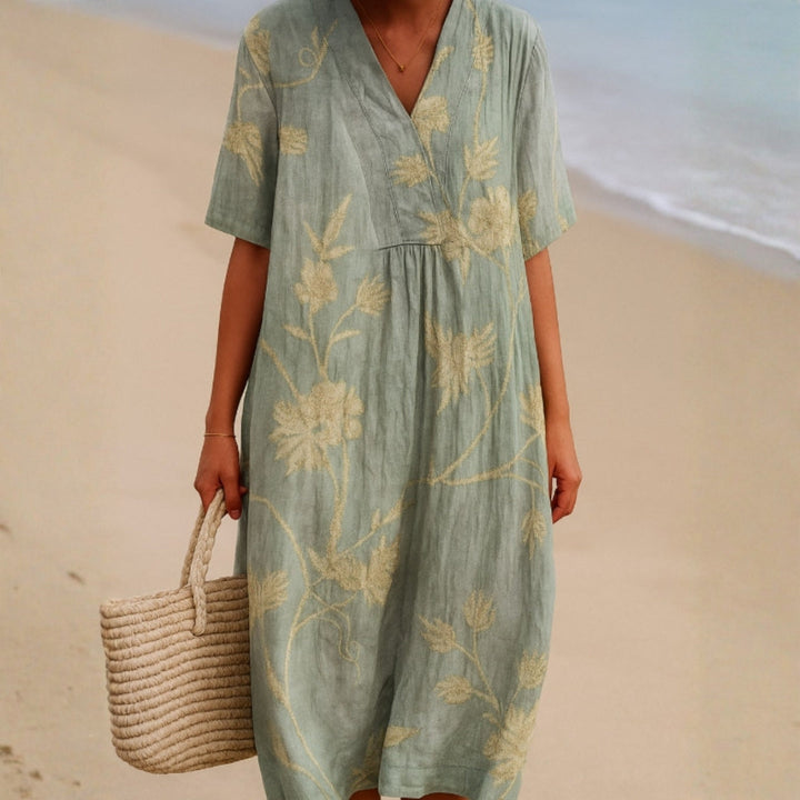 Clementina - Blue-Grey Dress with Floral Embroidery