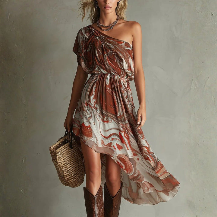 Rosa - Boho One-shoulder Irregular Marble Abstract Print Chiffon Midi Dress