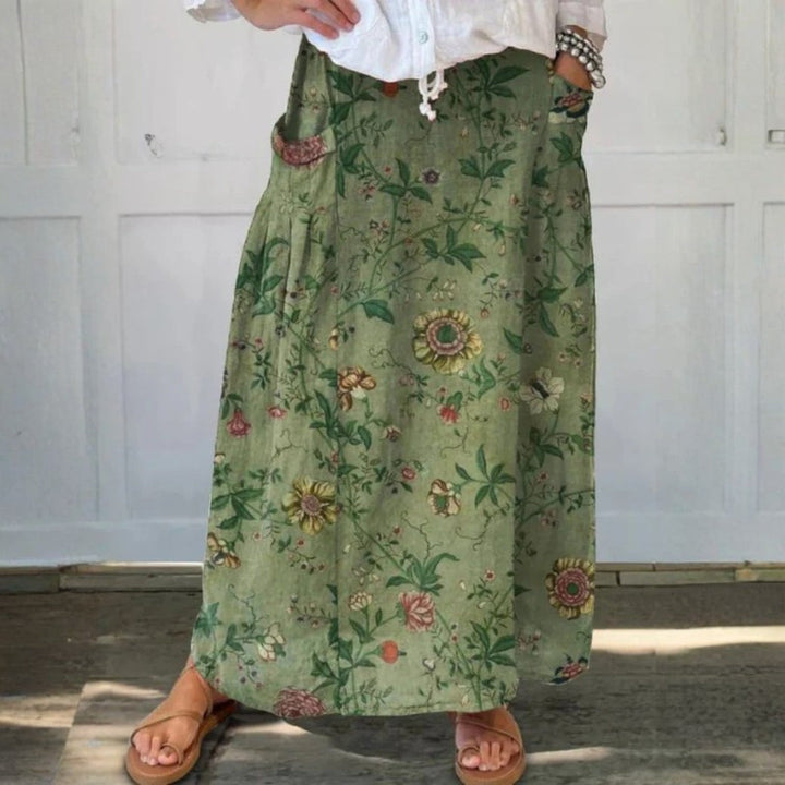 Women's Retro Art Print Linen Pocket Skirt