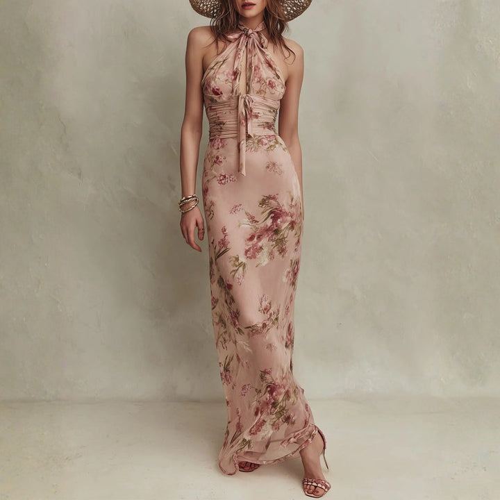 Lia - Elegant Floral Print Chiffon Maxi Dress with Keyhole Neckline