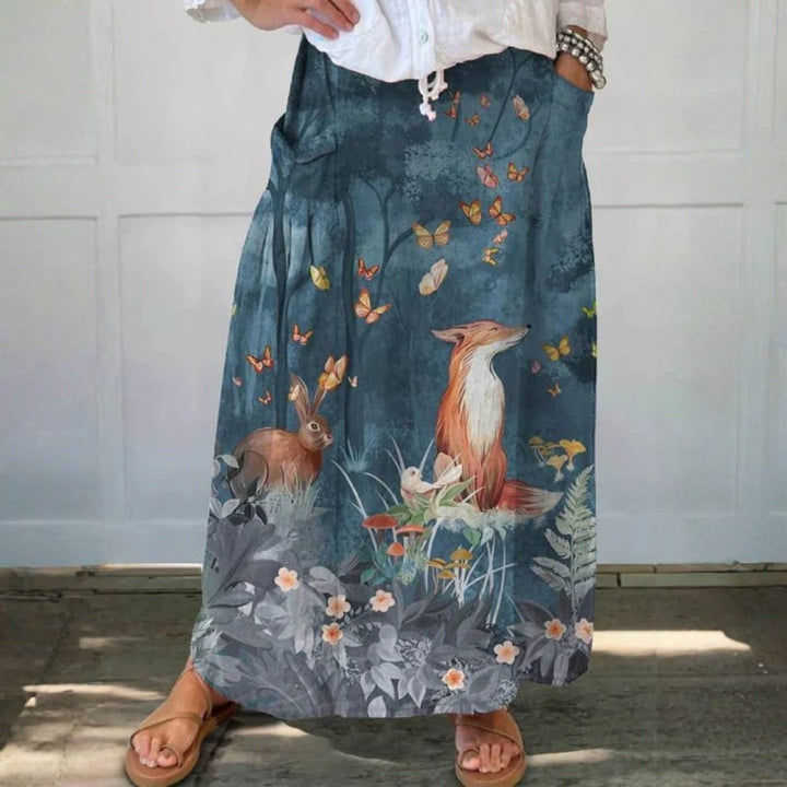Women's Vintage Floral Animals Art Print Casual Linen Pocket Skirt