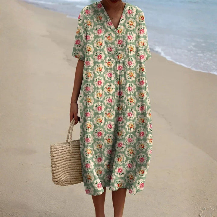 Eulalia - Retro Floral Dress in Aqua Green