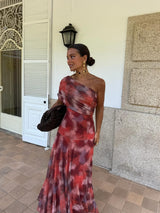Frieda - Maxi Dress with Watercolor Pattern and Off-Shoulder Cut