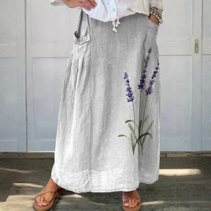 Watercolour Lavender Floral Printed Women's Linen Elastic waistband Pocket Skirt
