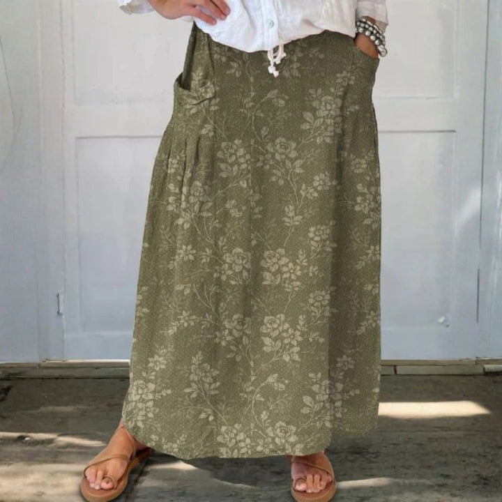 Women's Vintage Floral Linen Elastic waistband Pocket Skirt