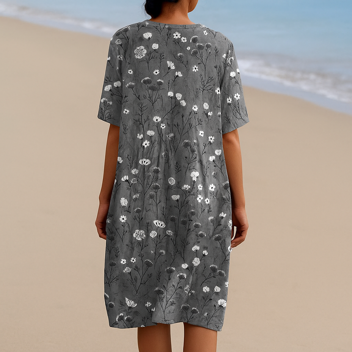 Mary - Floral Dress in Charcoal with White Accents