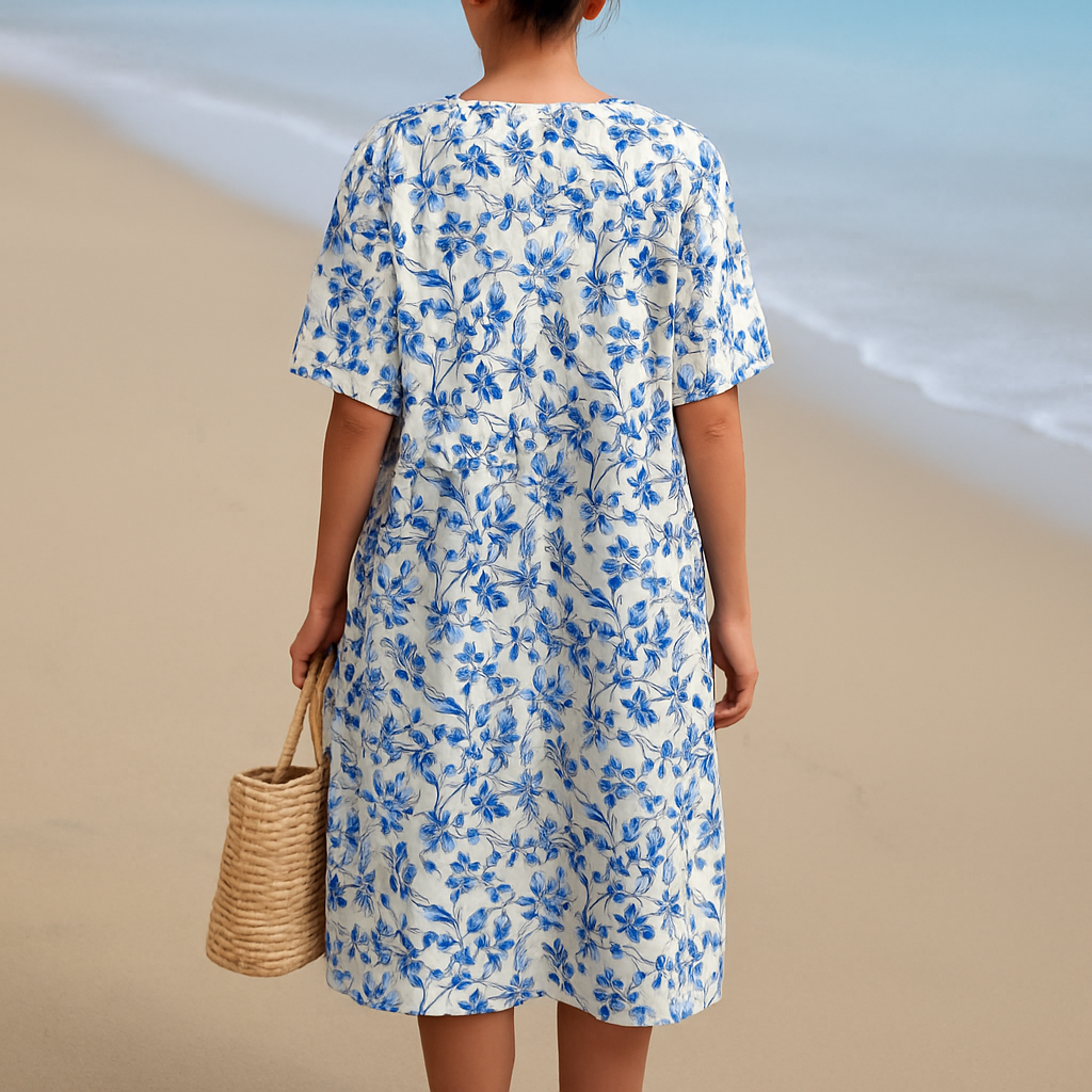 Magnolia - Ivory Dress Adorned with Porcelain Blue Floral Accents
