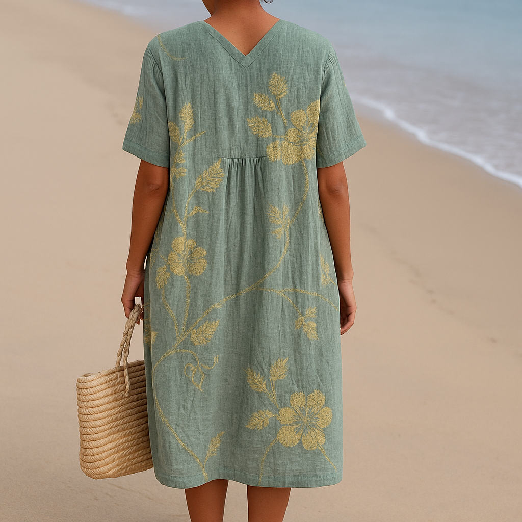 Clementina - Blue-Grey Dress with Floral Embroidery