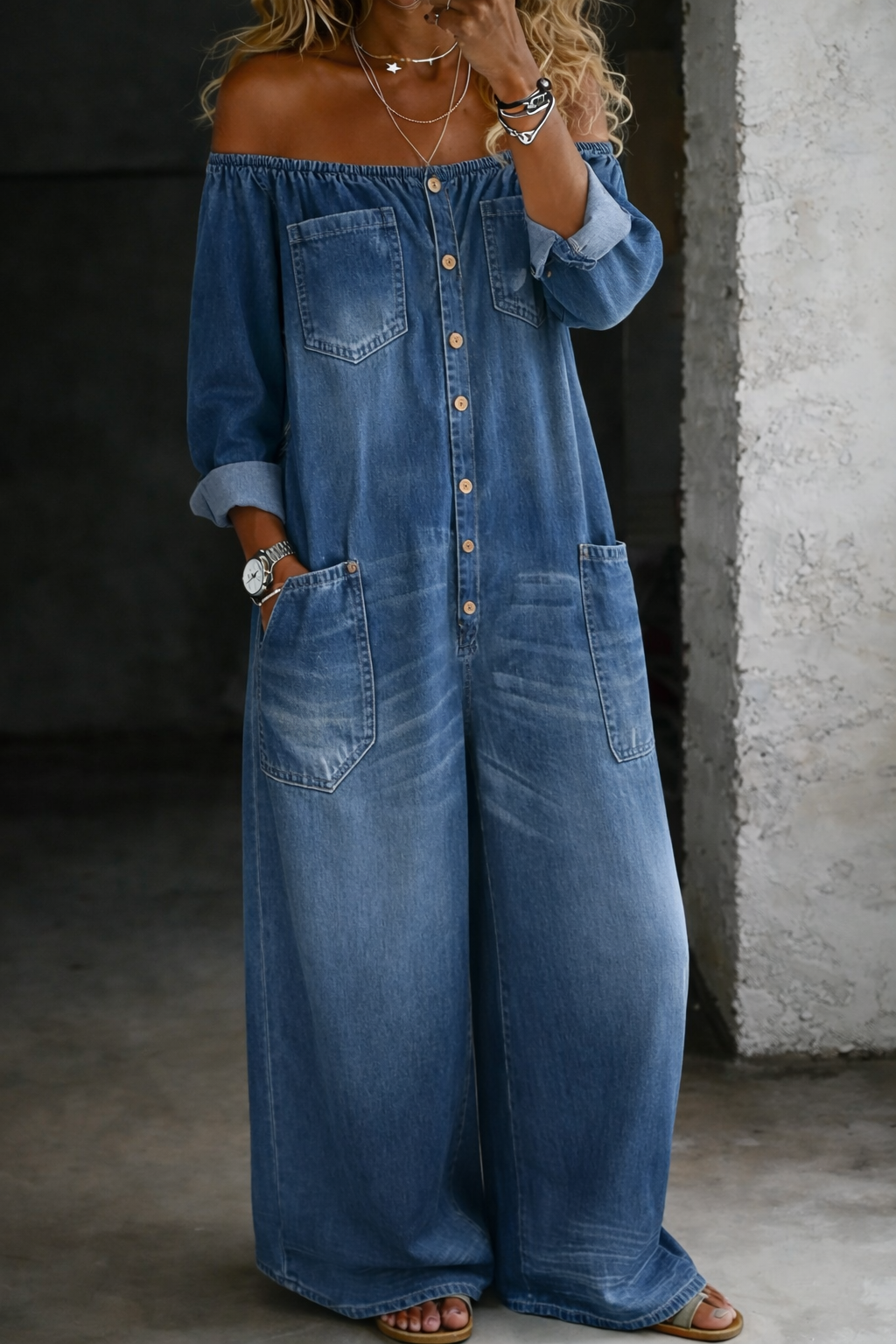 Helena - Long Sleeve Jumpsuit with Exposed Shoulders