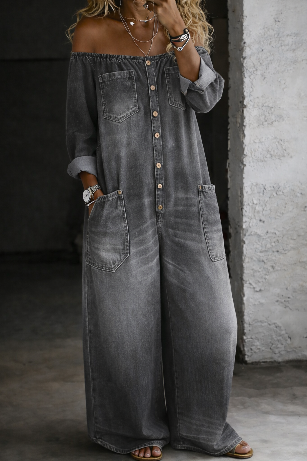 Helena - Long Sleeve Jumpsuit with Exposed Shoulders