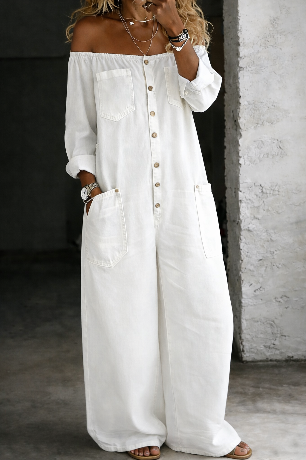 Helena - Long Sleeve Jumpsuit with Exposed Shoulders