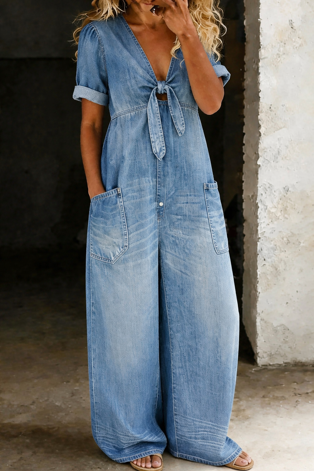 Olga - Short Sleeve Jumpsuit with V-Neck