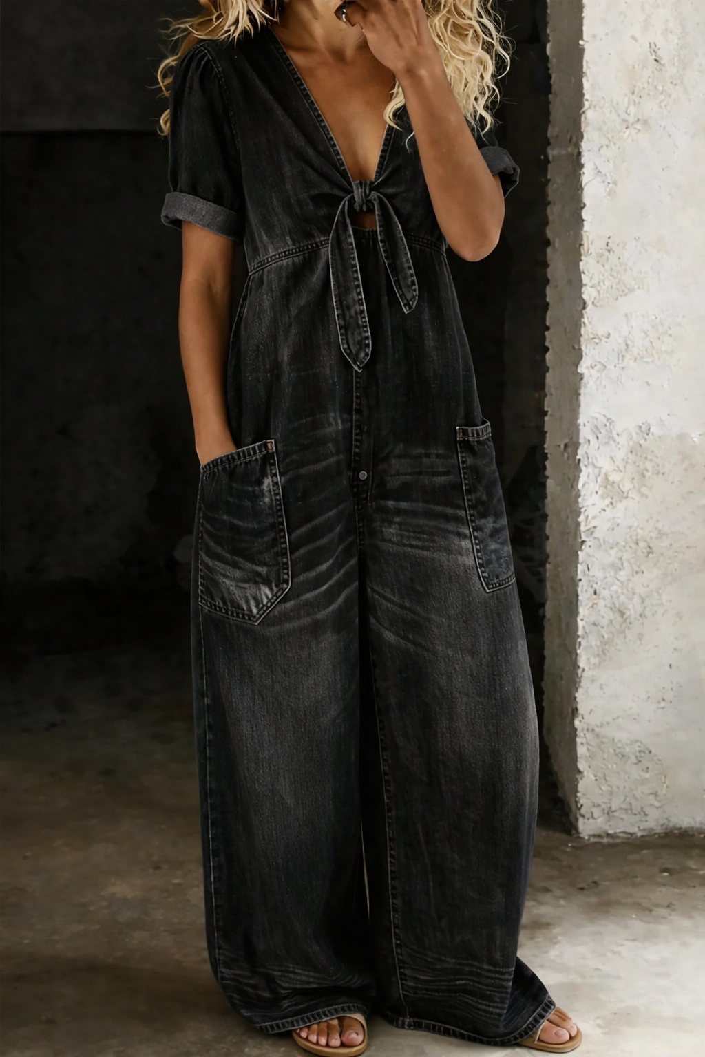 Olga - Short Sleeve Jumpsuit with V-Neck