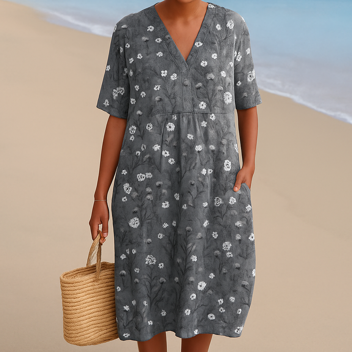 Mary - Floral Dress in Charcoal with White Accents