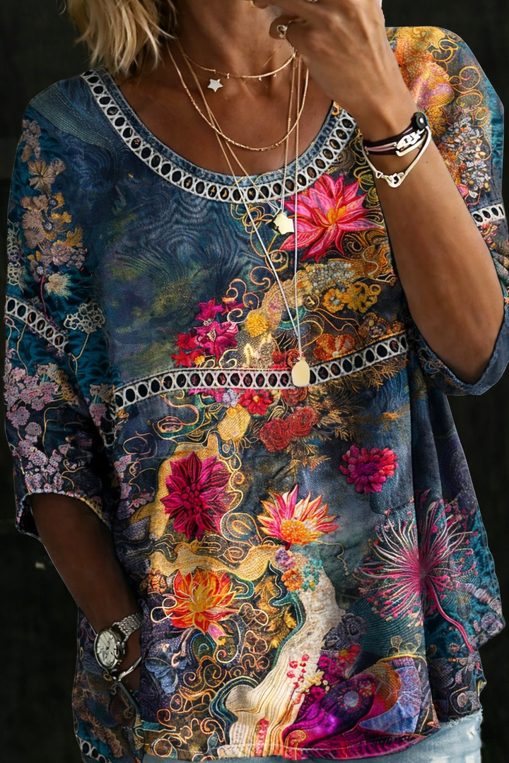 Sandra - Vintage Floral Denim Blouse