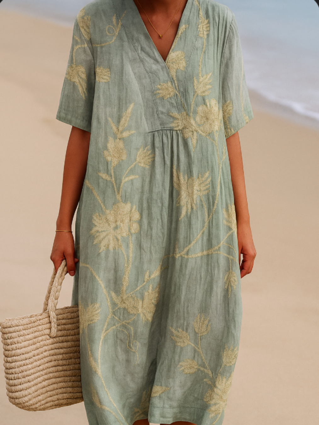 Clementina - Blue-Grey Dress with Floral Embroidery