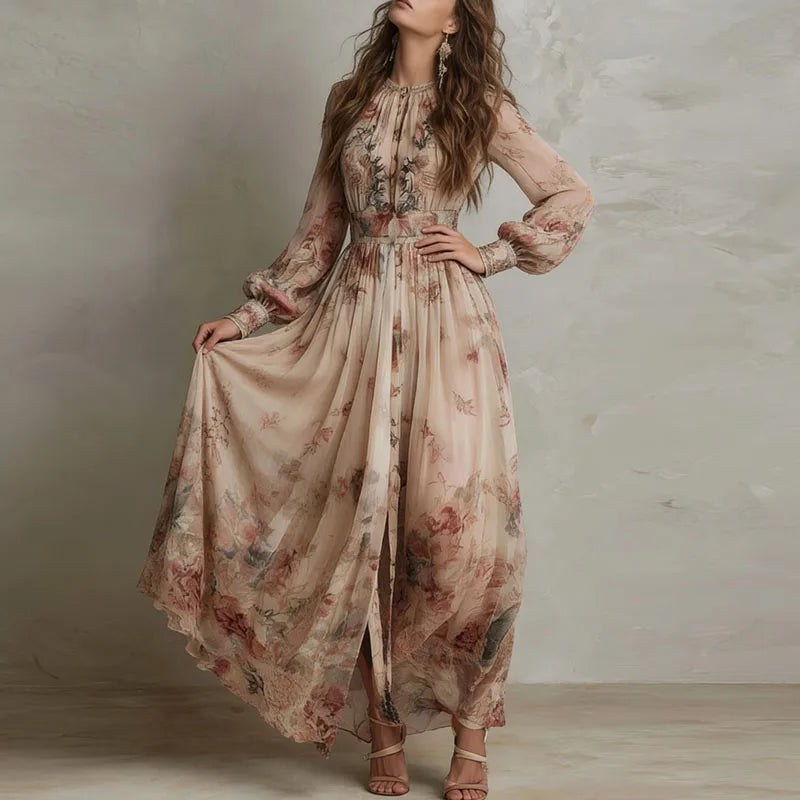 Patty - Vintage Floral Print High Waist Pleated Long Dress