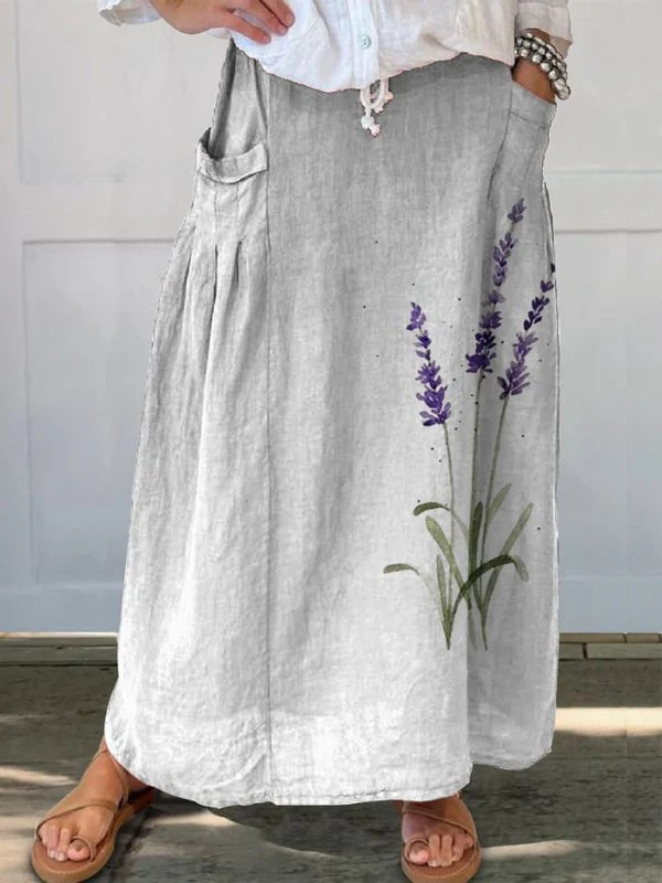 Watercolour Lavender Floral Printed Women's Linen Elastic waistband Pocket Skirt