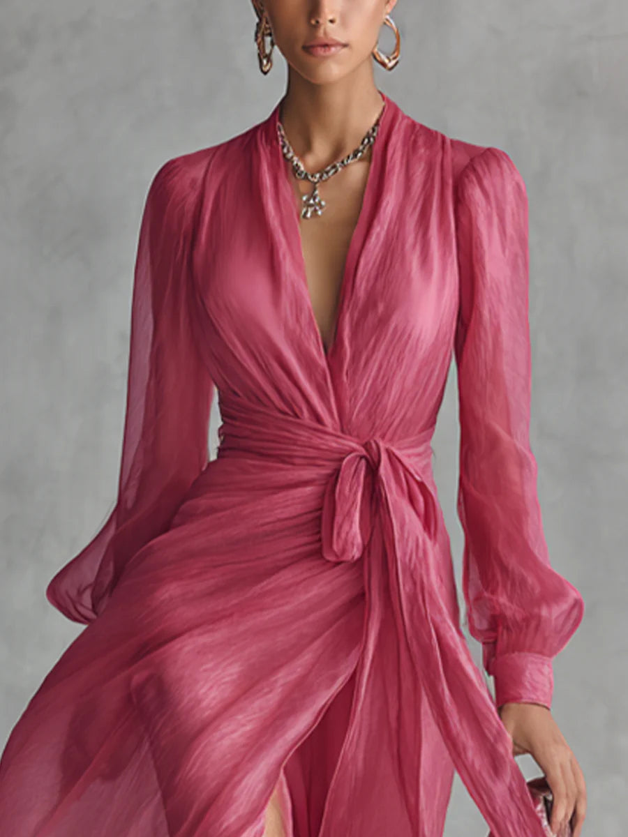 Abigail - Elegant Rose Pink Chiffon V-neck Tie-waist Long Dress