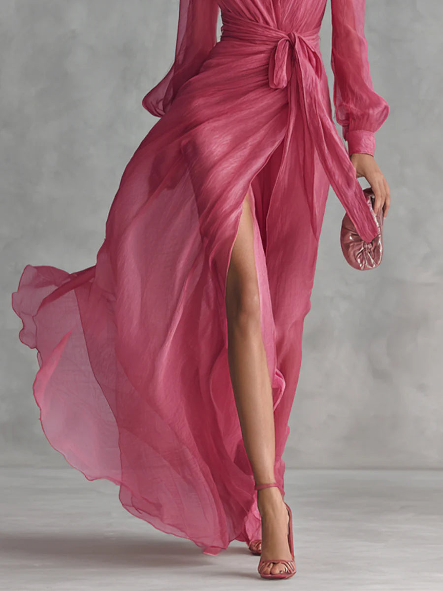 Abigail - Elegant Rose Pink Chiffon V-neck Tie-waist Long Dress