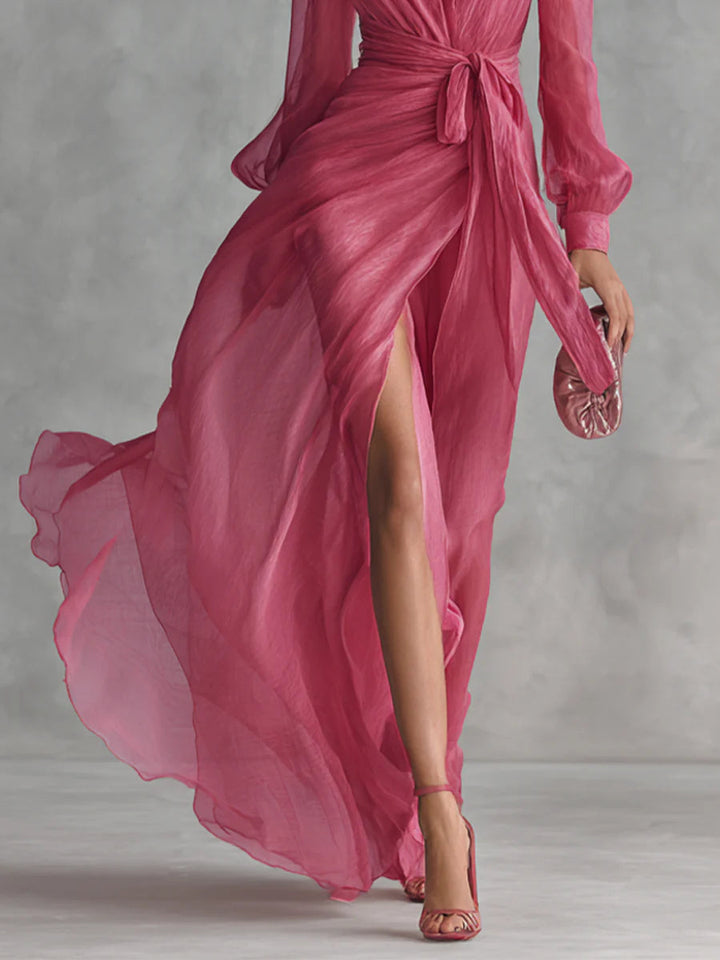 Abigail - Elegant Rose Pink Chiffon V-neck Tie-waist Long Dress