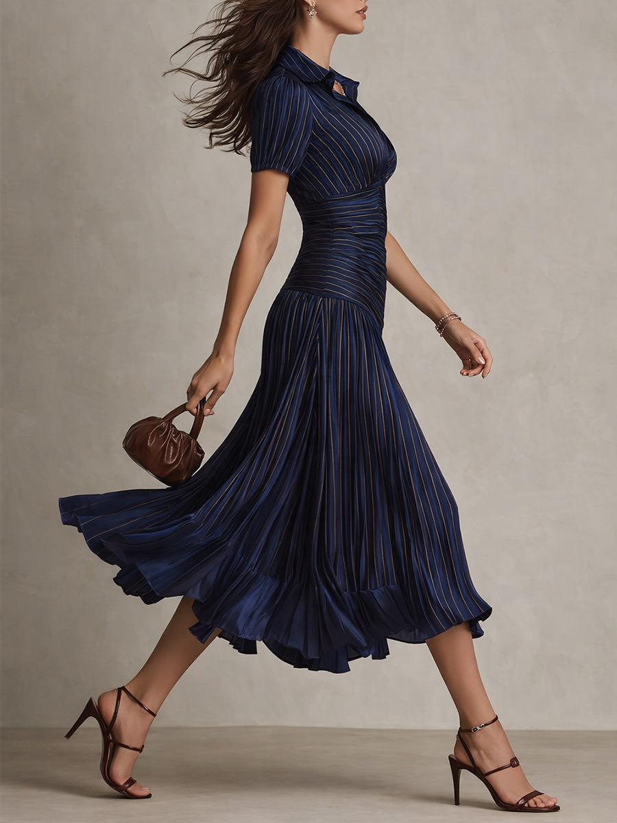 Donna - Striped Shirt Collar Midi Dress