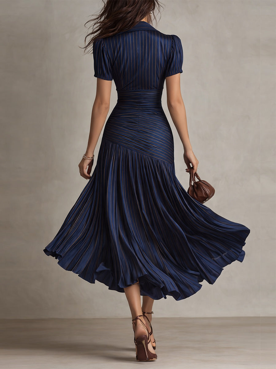 Donna - Striped Shirt Collar Midi Dress
