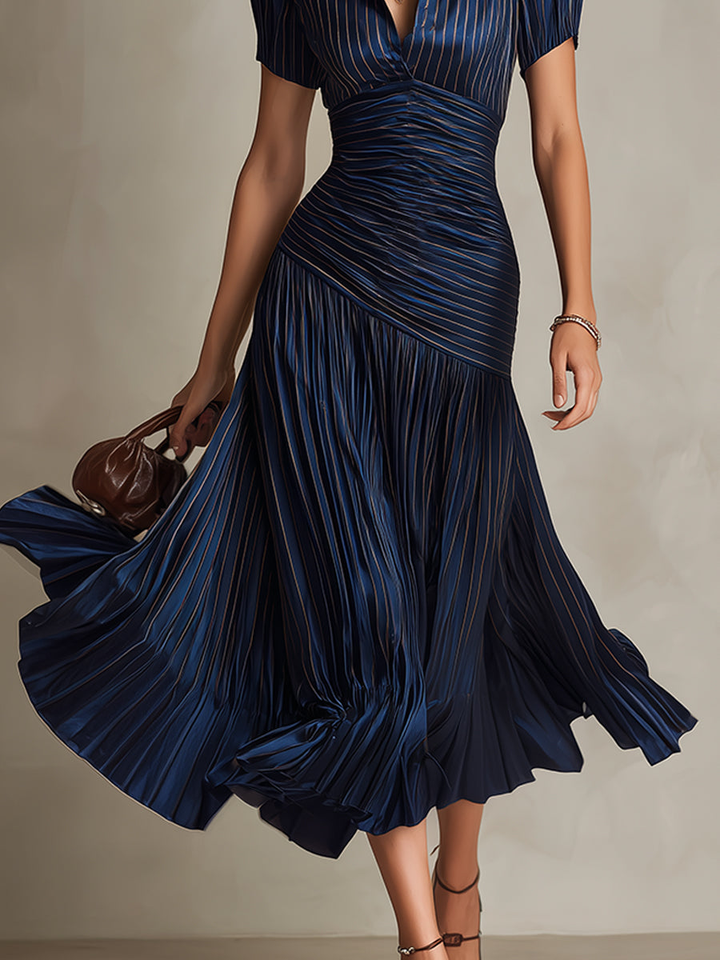 Donna - Striped Shirt Collar Midi Dress