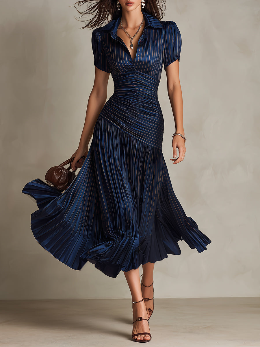 Donna - Striped Shirt Collar Midi Dress