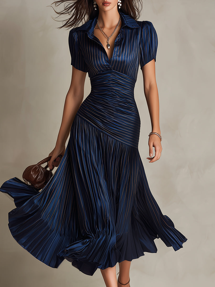 Donna - Striped Shirt Collar Midi Dress