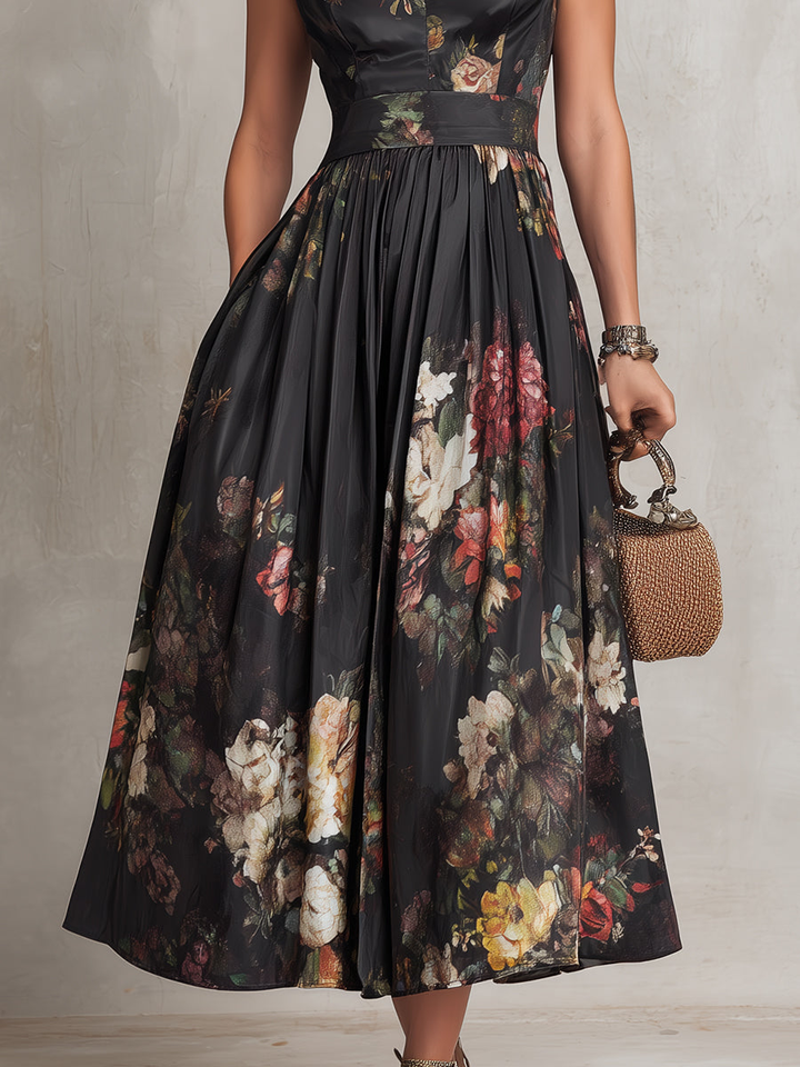 Sarah - Floral Keyhole Pleated Midi Dress
