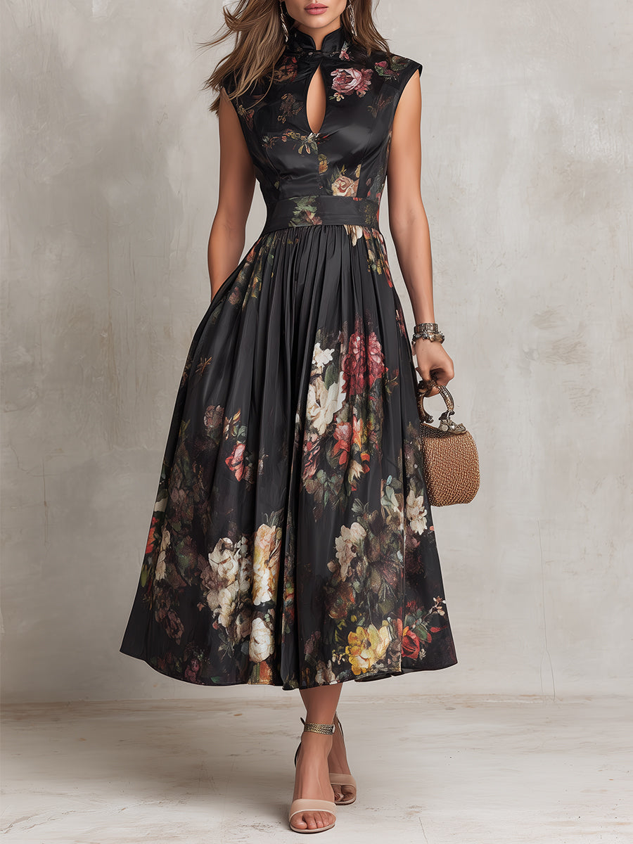Sarah - Floral Keyhole Pleated Midi Dress