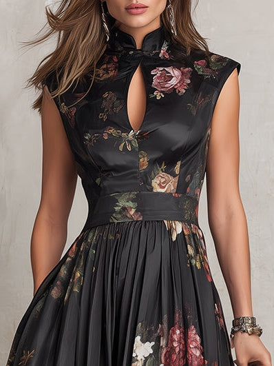 Sarah - Floral Keyhole Pleated Midi Dress