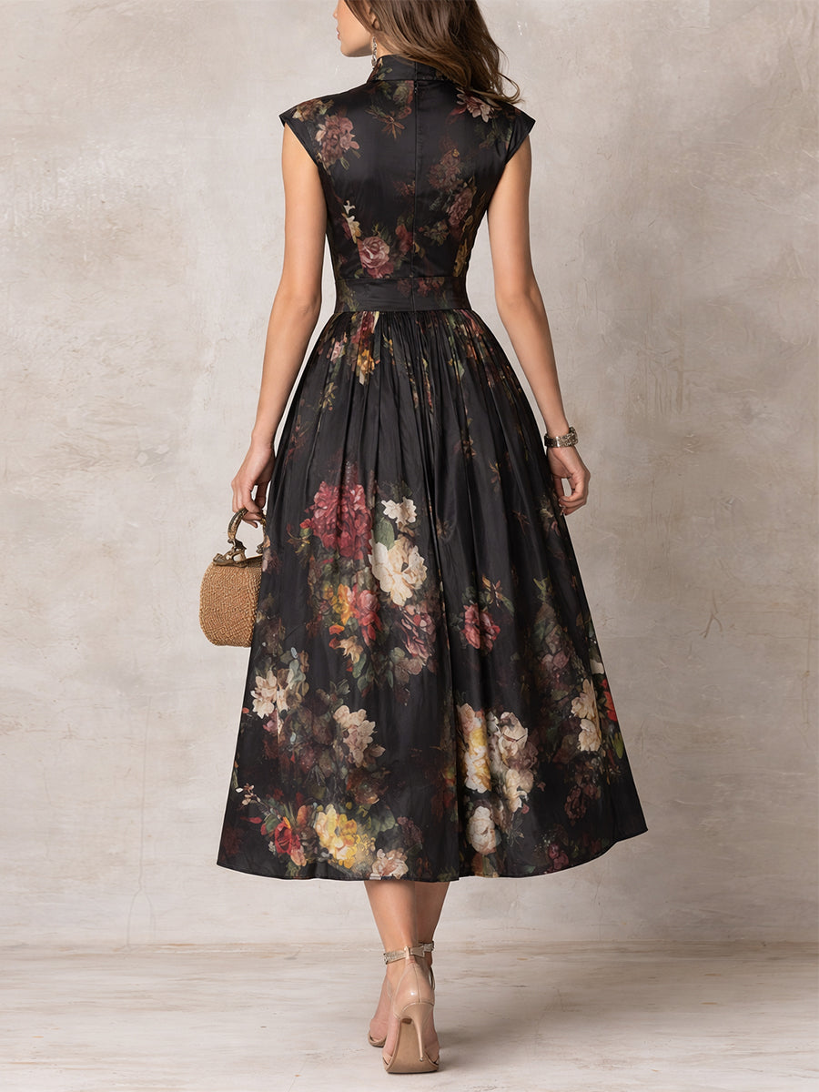Sarah - Floral Keyhole Pleated Midi Dress