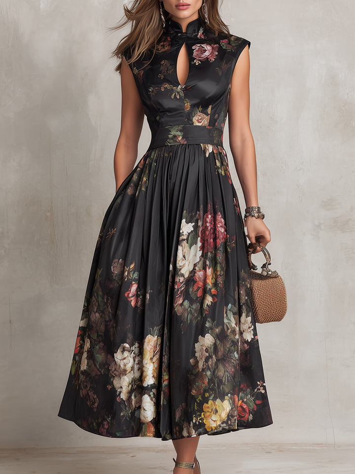 Sarah - Floral Keyhole Pleated Midi Dress